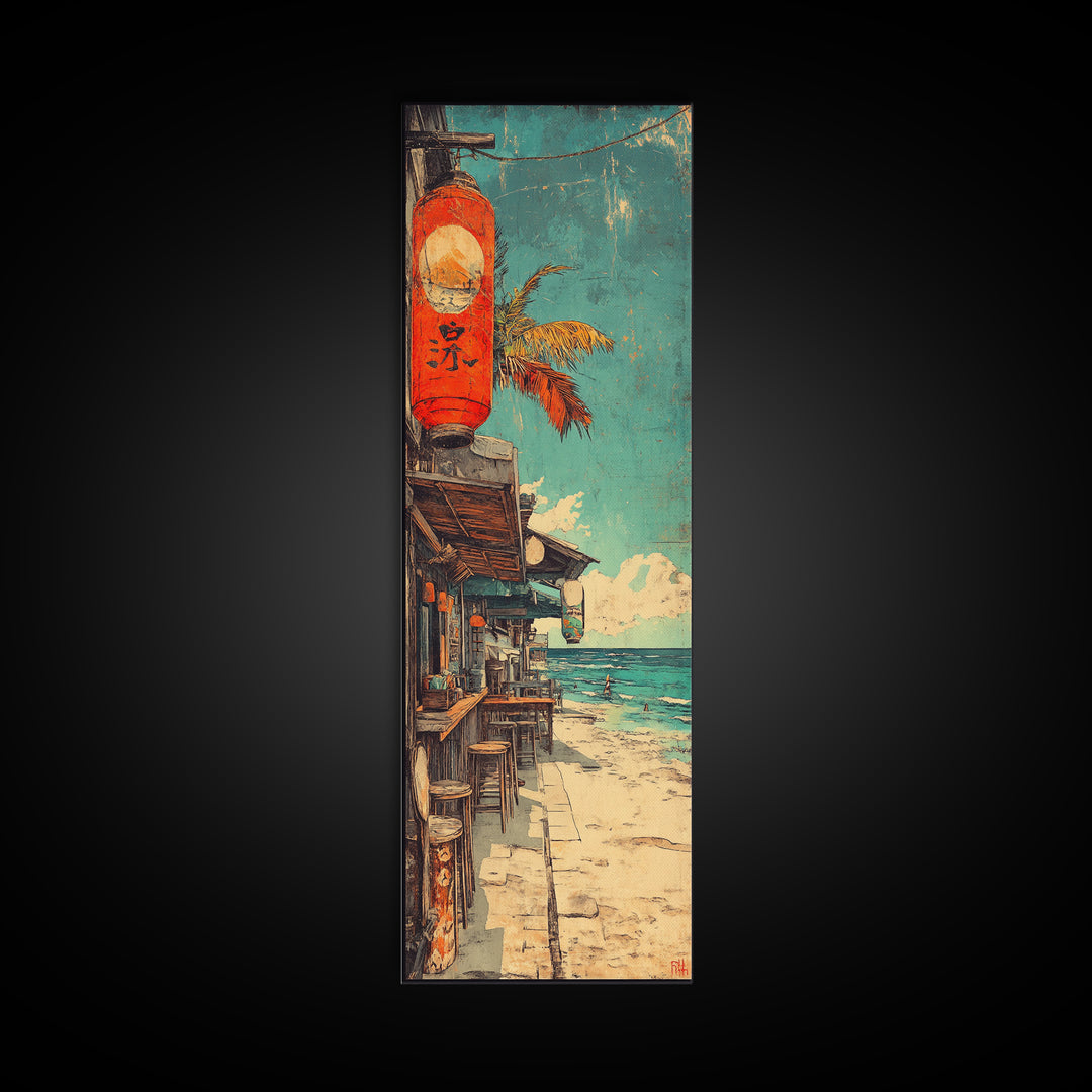 Seaside Japanese Street With Red Lantern Canvas Print, Coastal Wall Art For Beach House Decor, Travel Poster And Ocean Decor