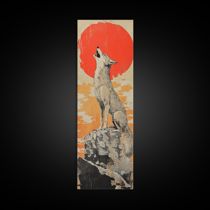 Howling White Wolf With Red Sun Framed Canvas Print, Desert Animal Wall Art, Southwestern Nursery Decor, Wildlife Gift For Him
