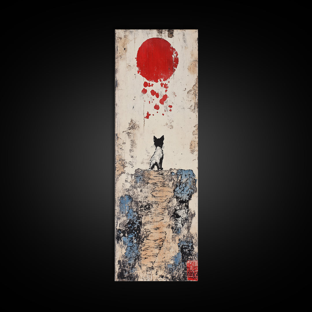 Tiny Black Cat On Cliff With Red Moon Canvas Print, Japanese Wall Art, Whimsical Animal Poster, Nursery Room Decor Unique Gift