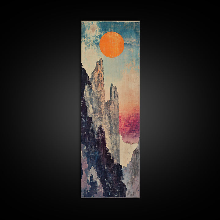 Tall Mountain Spires With Orange Sun Framed Canvas Print, Abstract Landscape Wall Art, Japandi Office Decor, Nature Gift