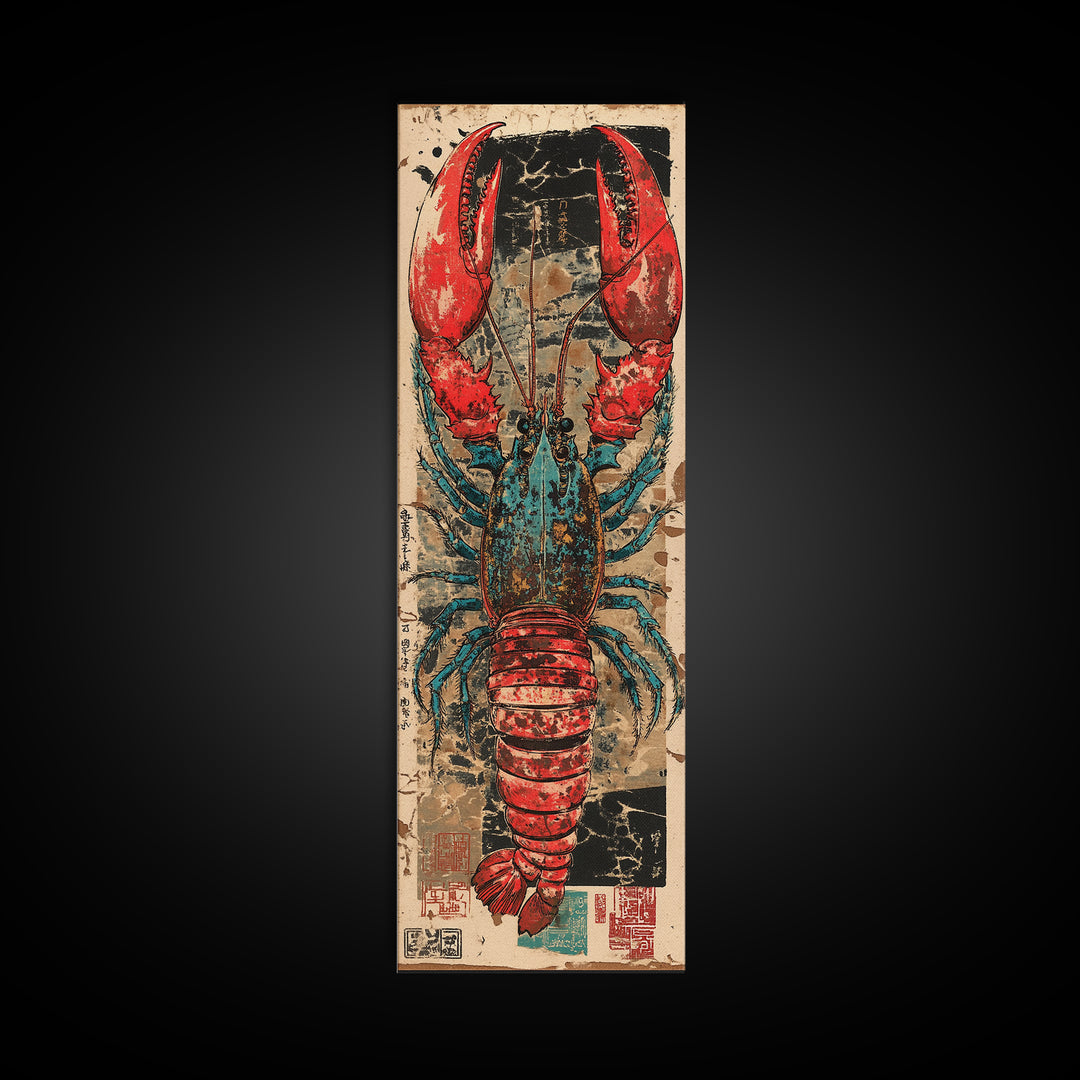 Bold Red And Teal Lobster Framed Canvas Print, Coastal Kitchen Wall Art, Nautical Seafood Decor, Beach House Gift For Foodie