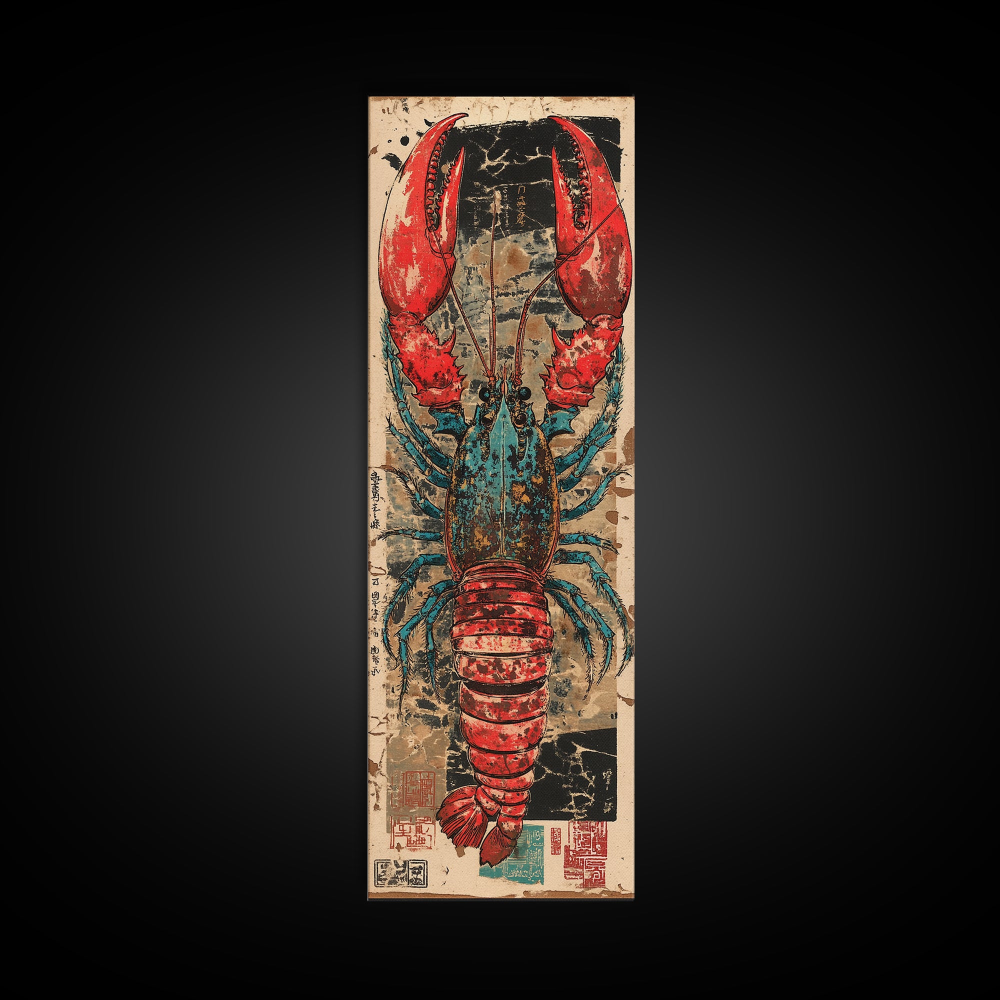 Bold Red And Teal Lobster Framed Canvas Print, Coastal Kitchen Wall Art, Nautical Seafood Decor, Beach House Gift For Foodie