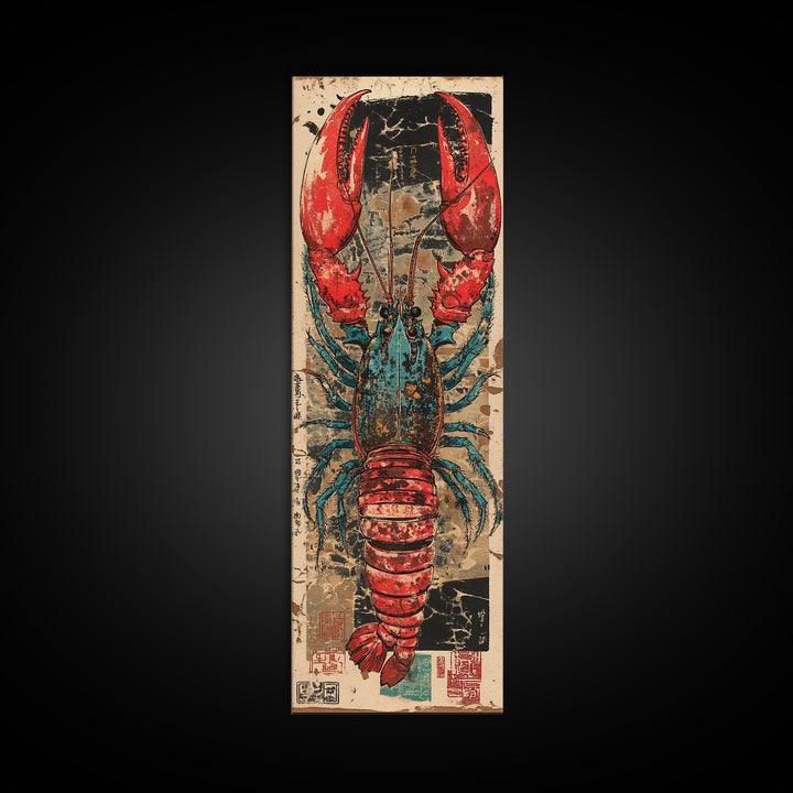 Bold Red And Teal Lobster Framed Canvas Print, Coastal Kitchen Wall Art, Nautical Seafood Decor, Beach House Gift For Foodie