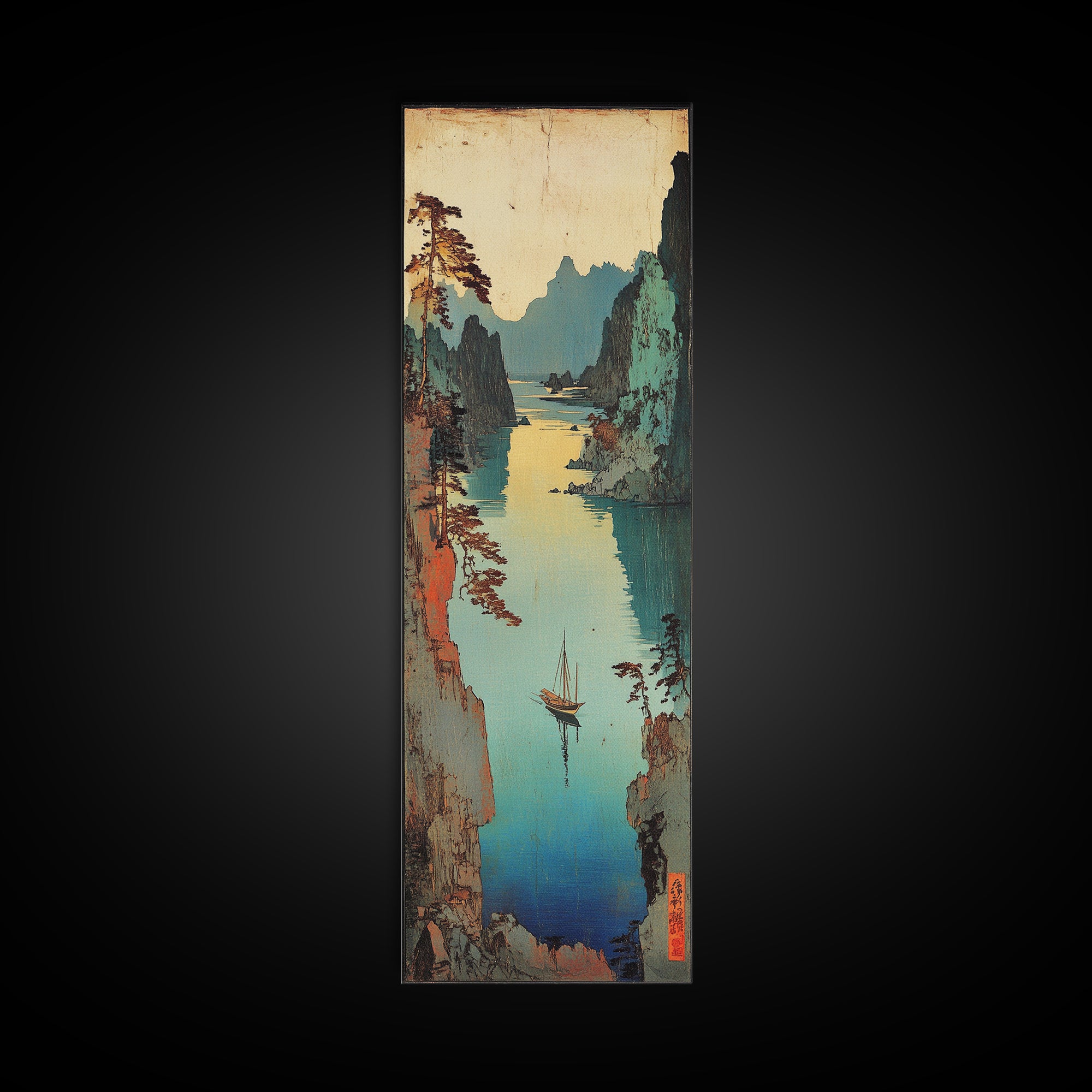 Misty Japanese River Gorge With Boats And Teal Cliffs Framed Canvas Print, Asian Landscape Art, Japandi Wall Decor, Zen Decor