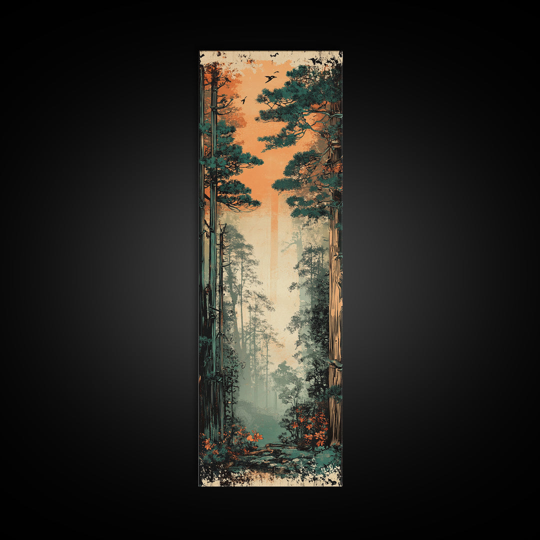 Tall Misty Pine Forest At Orange Dawn Wall Art, Nature Landscape Print, Japandi Decor, Calming Living Room Wall Decor, Home Decor