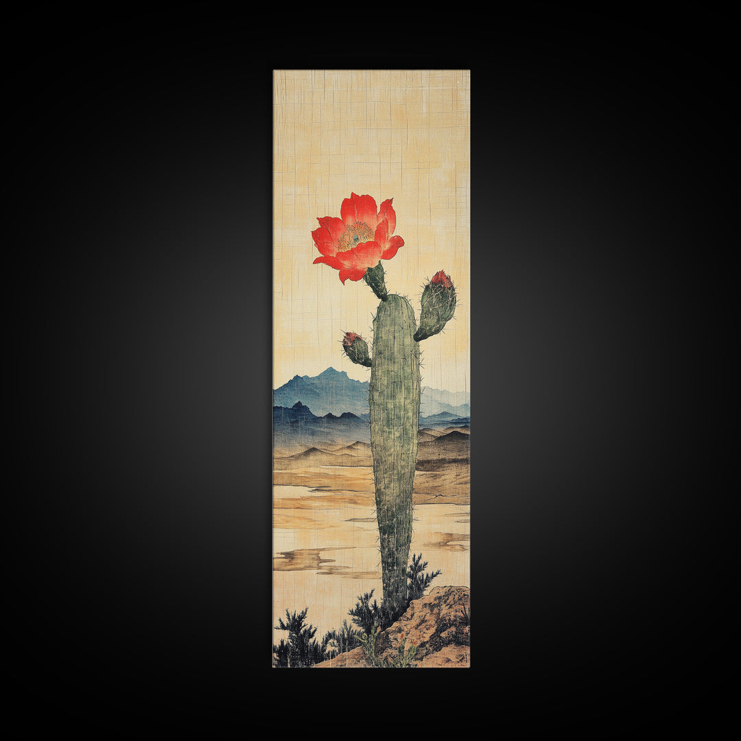 Blooming Cactus With Red Flower In Desert Landscape Framed Canvas Print, Southwestern Wall Art, Rustic Home Decor, Desert Decor