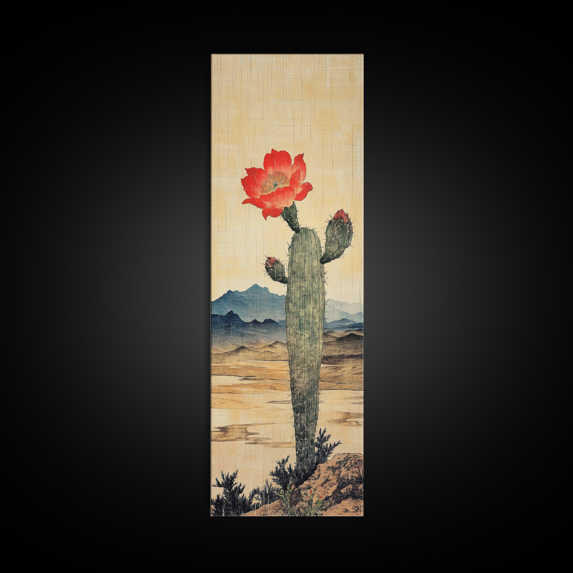 Blooming Cactus With Red Flower In Desert Landscape Framed Canvas Print, Southwestern Wall Art, Rustic Home Decor, Desert Decor