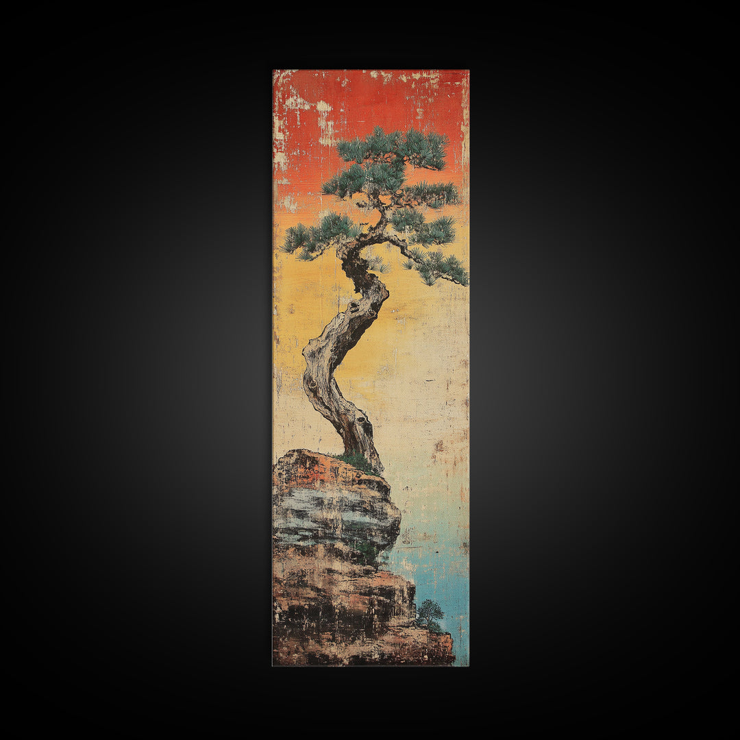 Weathered Bonsai Pine On Rocky Cliff With Red Sky Canvas Print, Japanese Wall Art, Wabi Sabi Decor, Zen Home Decor, Nature Art
