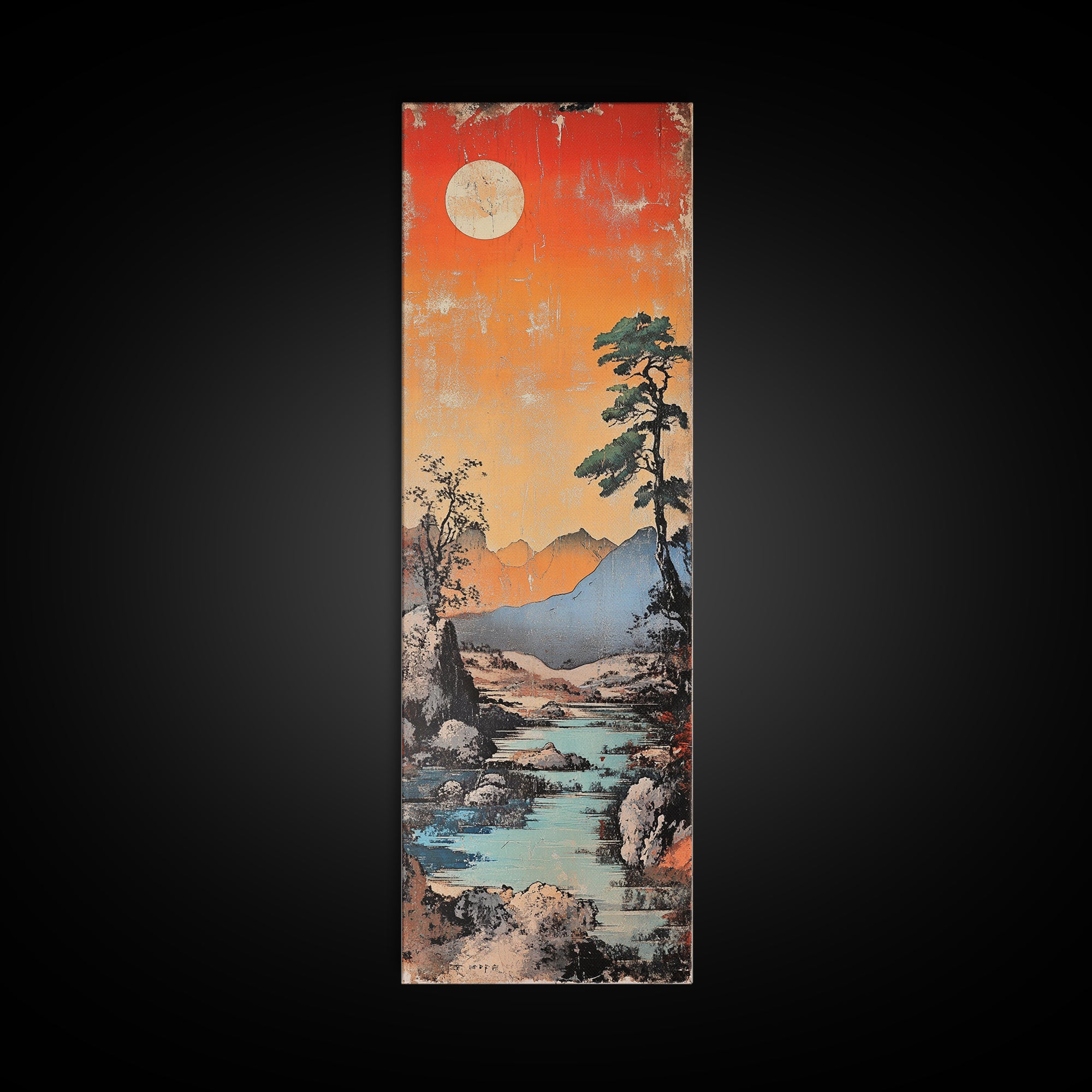 Moonlit Mountain River At Coral Sunset With Lone Pine Wall Art, Japanese Landscape Art, Rustic Decor, Nature Wall Decor Print