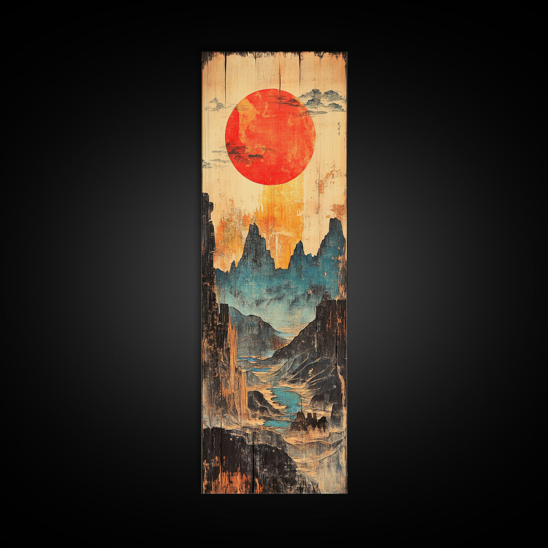 Red Sun Over Blue Mountain Valley And Winding River Wall Art, Japanese Landscape Print, Asian Decor, Statement Artwork, Home Decor