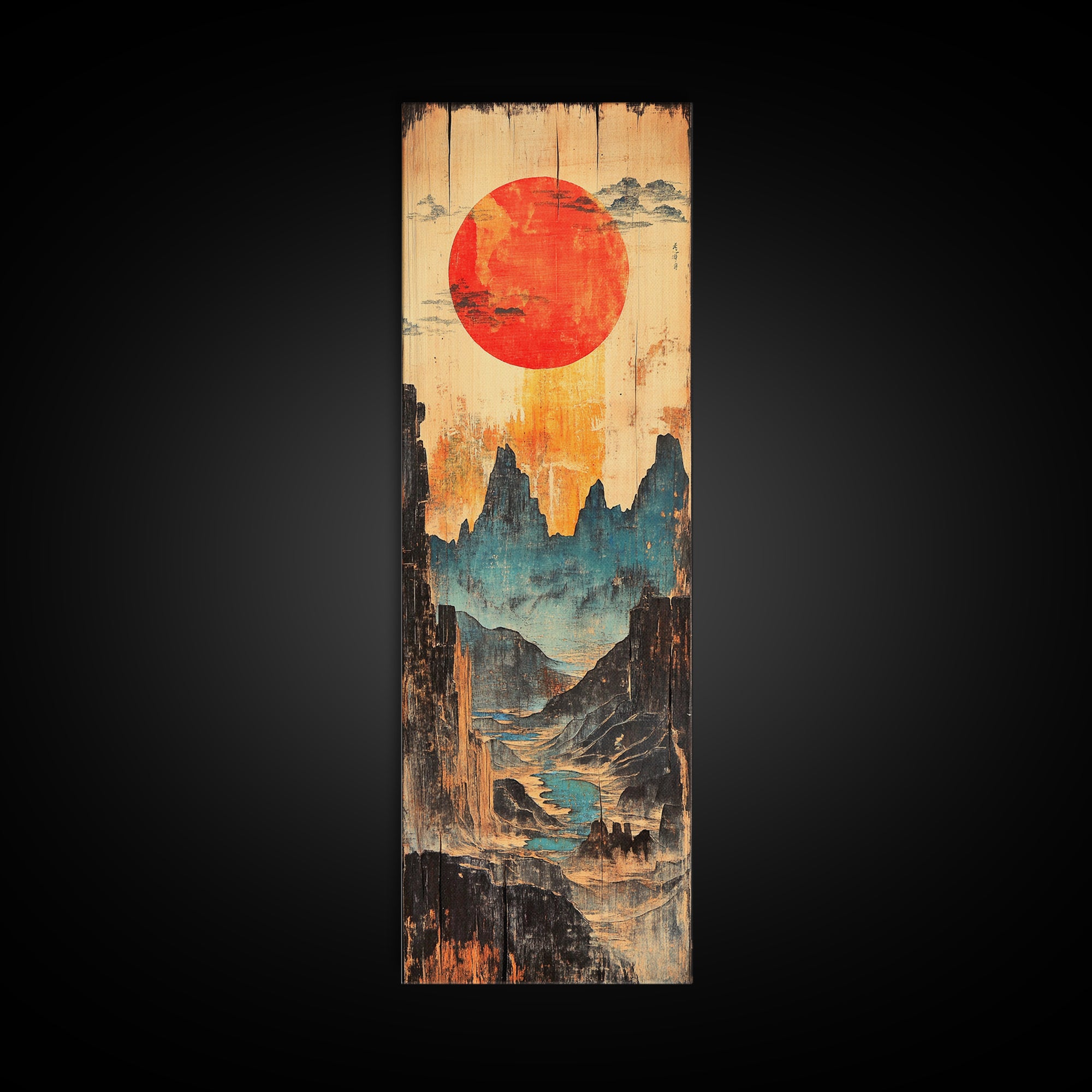 Red Sun Over Blue Mountain Valley And Winding River Wall Art, Japanese Landscape Print, Asian Decor, Statement Artwork, Home Decor