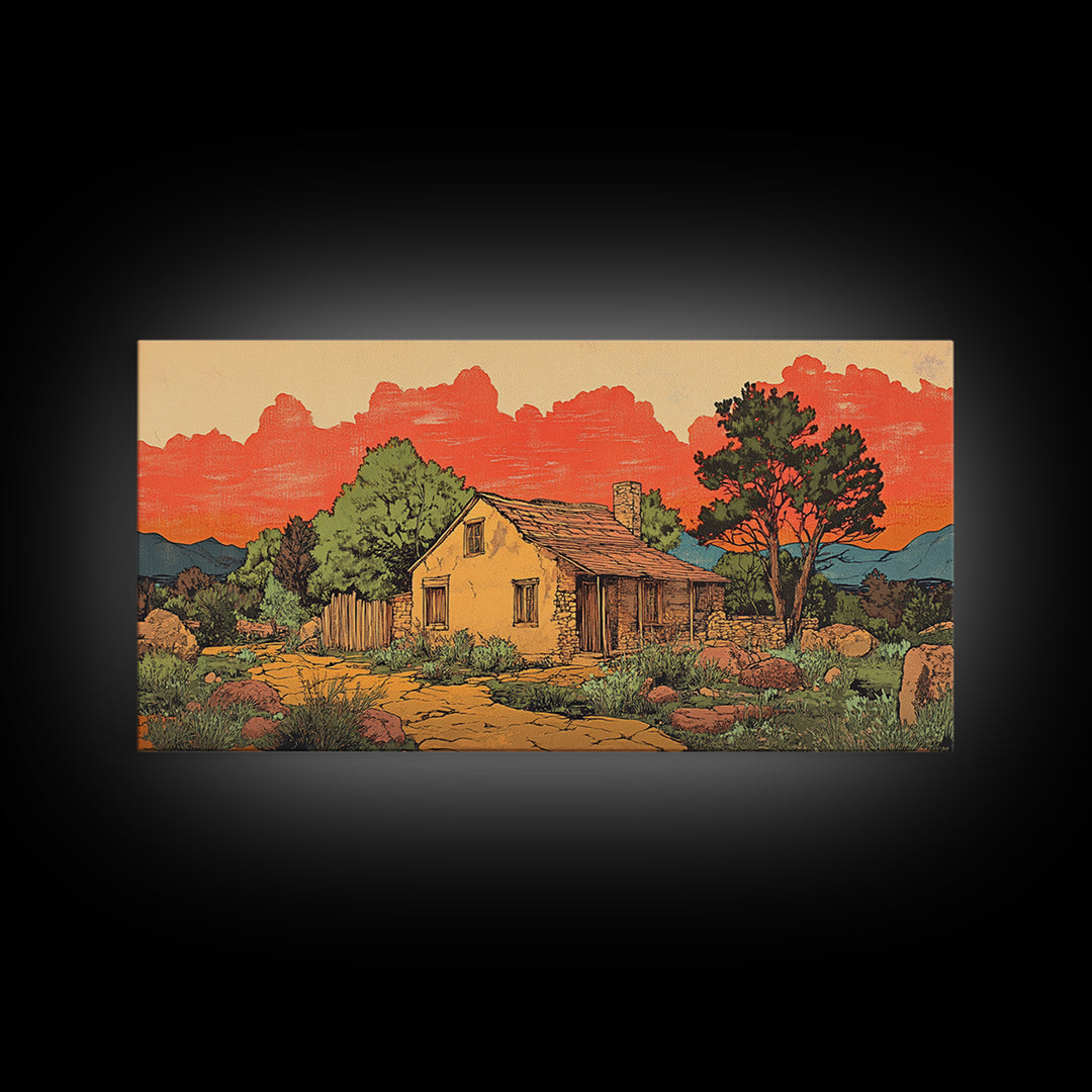 Adobe Desert Cabin At Red Sunset Wall Art, Rustic Southwestern Landscape Print, Western Home Decor, Large Canvas Wall Art