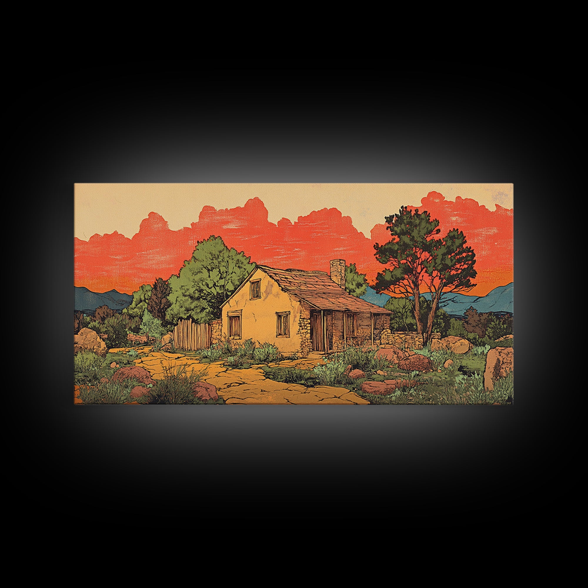 Adobe Desert Cabin At Red Sunset Wall Art, Rustic Southwestern Landscape Print, Western Home Decor, Large Canvas Wall Art