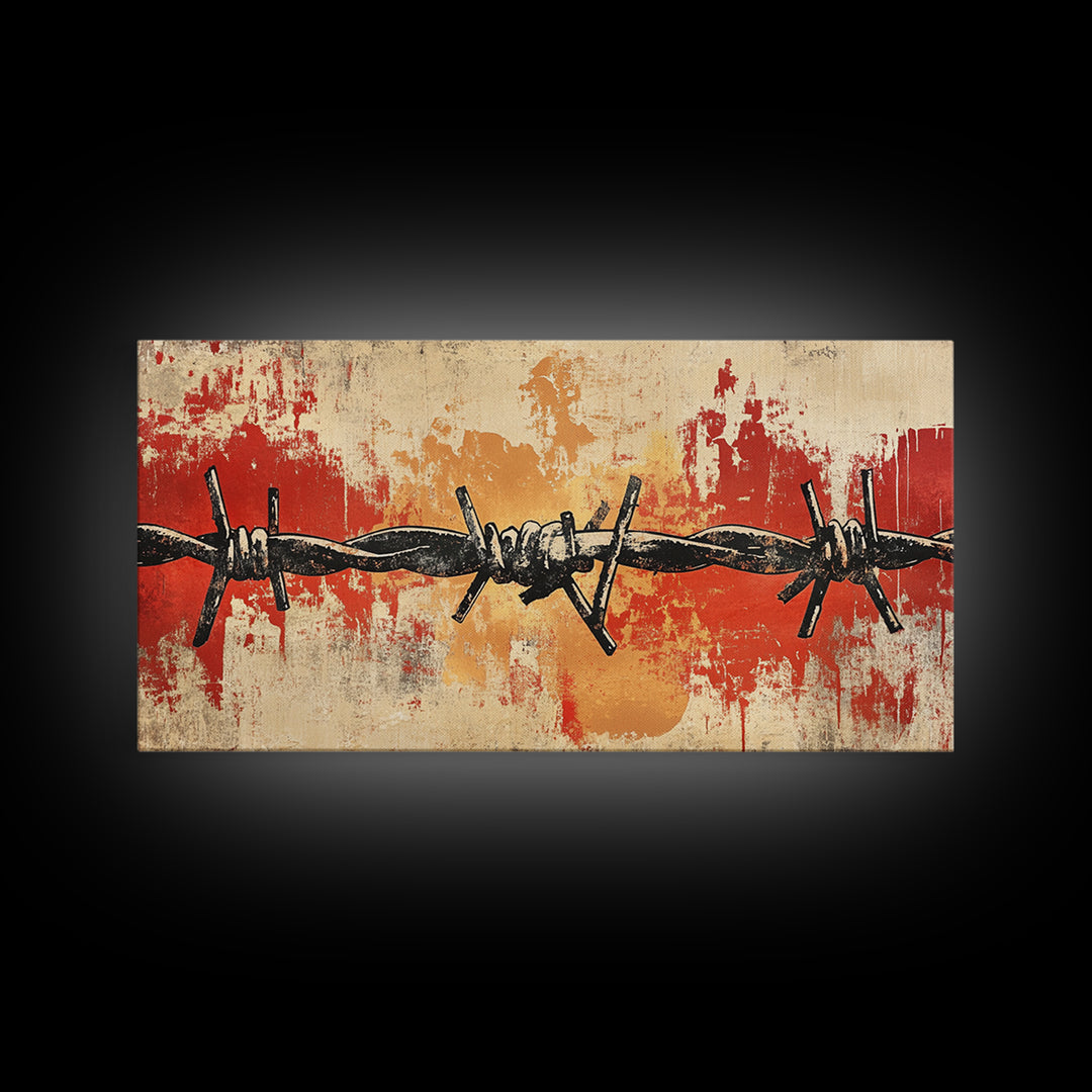 Black Barbed Wire On Red Grunge Canvas Print, Industrial Wall Decor, Edgy Abstract Art, Masculine Office Wall Art, Modern Home Decor
