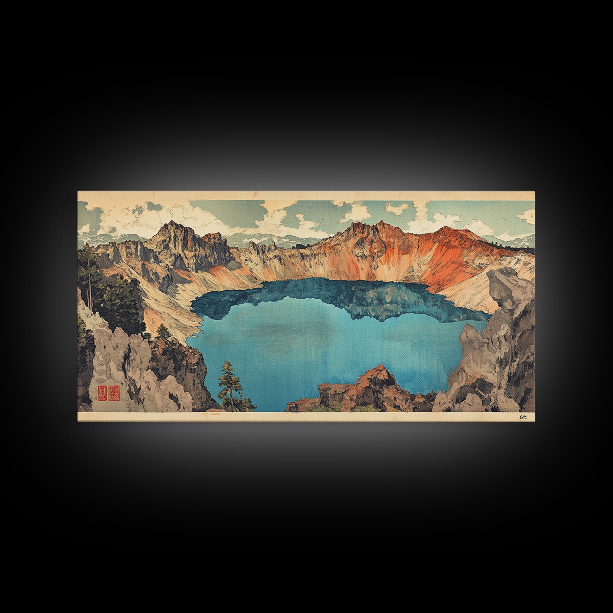 Turquoise Crater Lake And Rugged Mountain Wall Art, Japanese Landscape Print, Panoramic Canvas Art, Nature Home Decor, Large Wall Decor