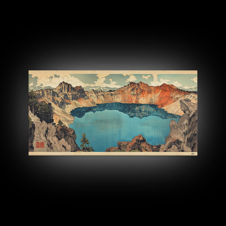Turquoise Crater Lake And Rugged Mountain Wall Art, Japanese Landscape Print, Panoramic Canvas Art, Nature Home Decor, Large Wall Decor