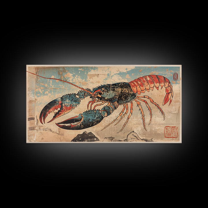 Blue And Coral Lobster With Large Claws Canvas Print, Coastal Kitchen Wall Art, Seafood Art Print, Nautical Home Decor, Beach House Decor