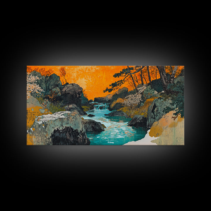 Turquoise River Through Rocky Forest Canyon Wall Art, Japanese Landscape Print, Orange Sunset Decor, Nature Canvas Art, Living Room Decor