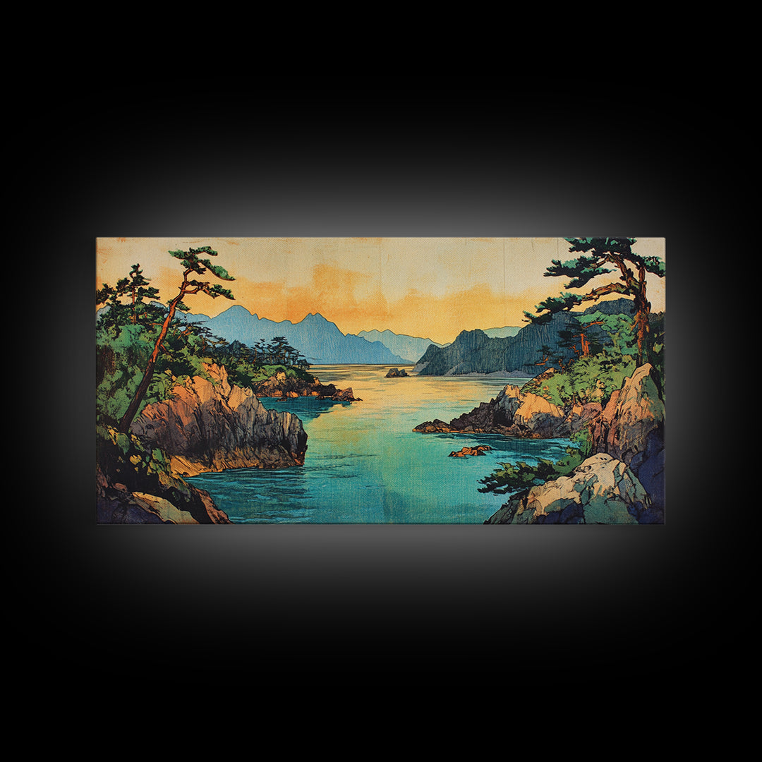 Pine Coastline With Blue Bay And Distant Mountains Wall Art, Japanese Seascape Print, Coastal Home Decor, Large Canvas Art