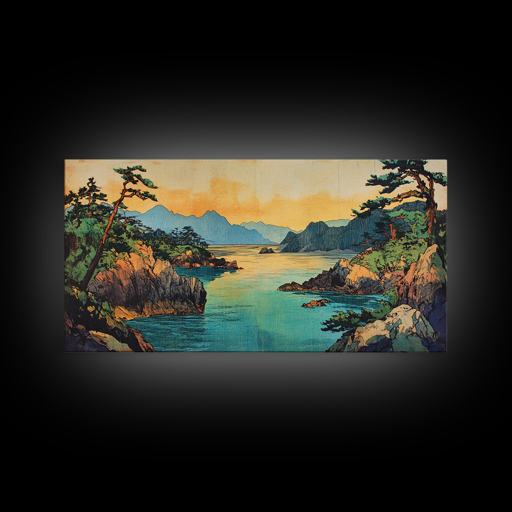 Pine Coastline With Blue Bay And Distant Mountains Wall Art, Japanese Seascape Print, Coastal Home Decor, Large Canvas Art