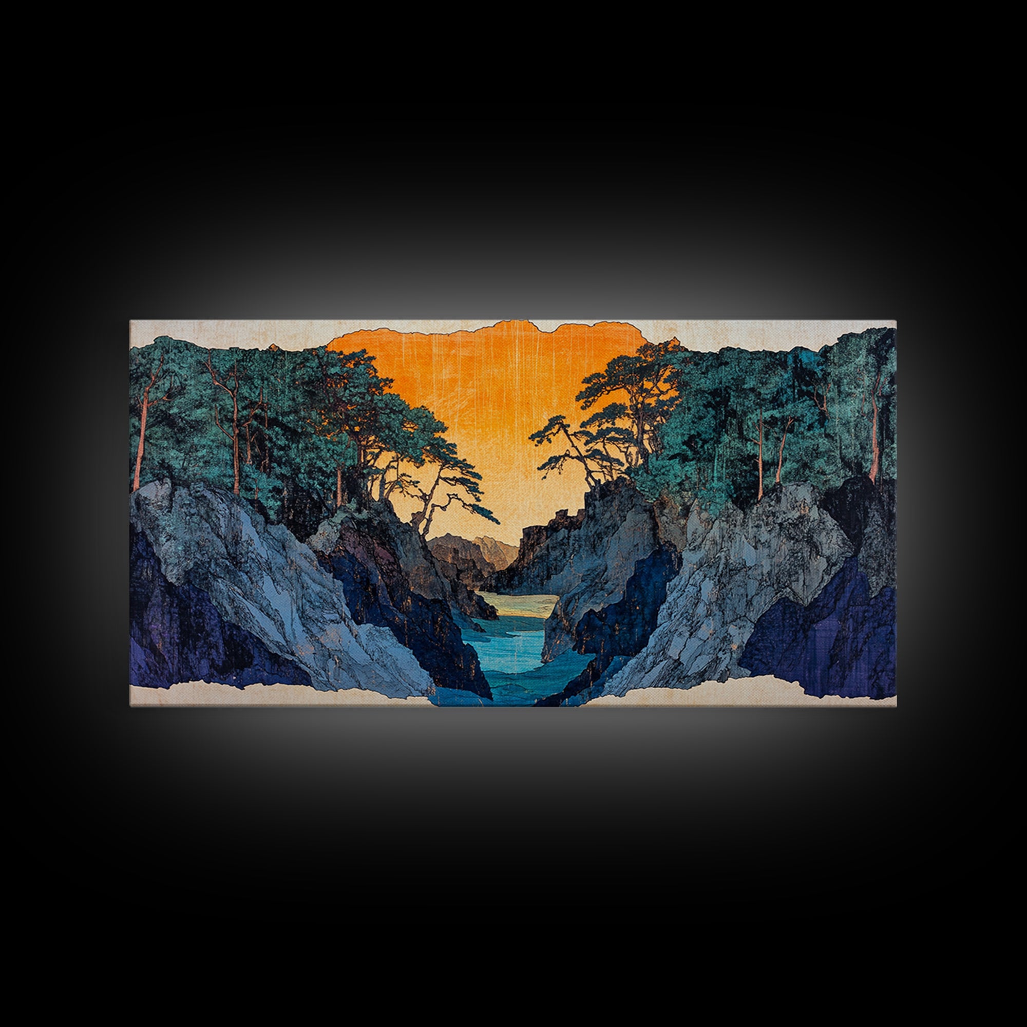 Rocky Blue Canyon River At Orange Sunset Wall Art, Japanese Landscape Print, Moody Nature Decor, Panoramic Canvas Art, Living Room Art