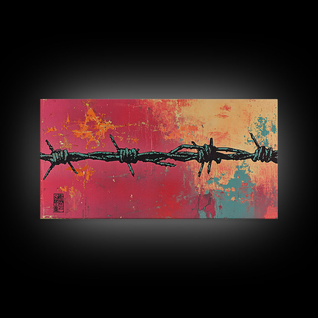 Black Barbed Wire On Coral Teal Wall Art, Urban Graffiti Print, Abstract Street Art, Edgy Modern Office Wall Decor Gift For Him