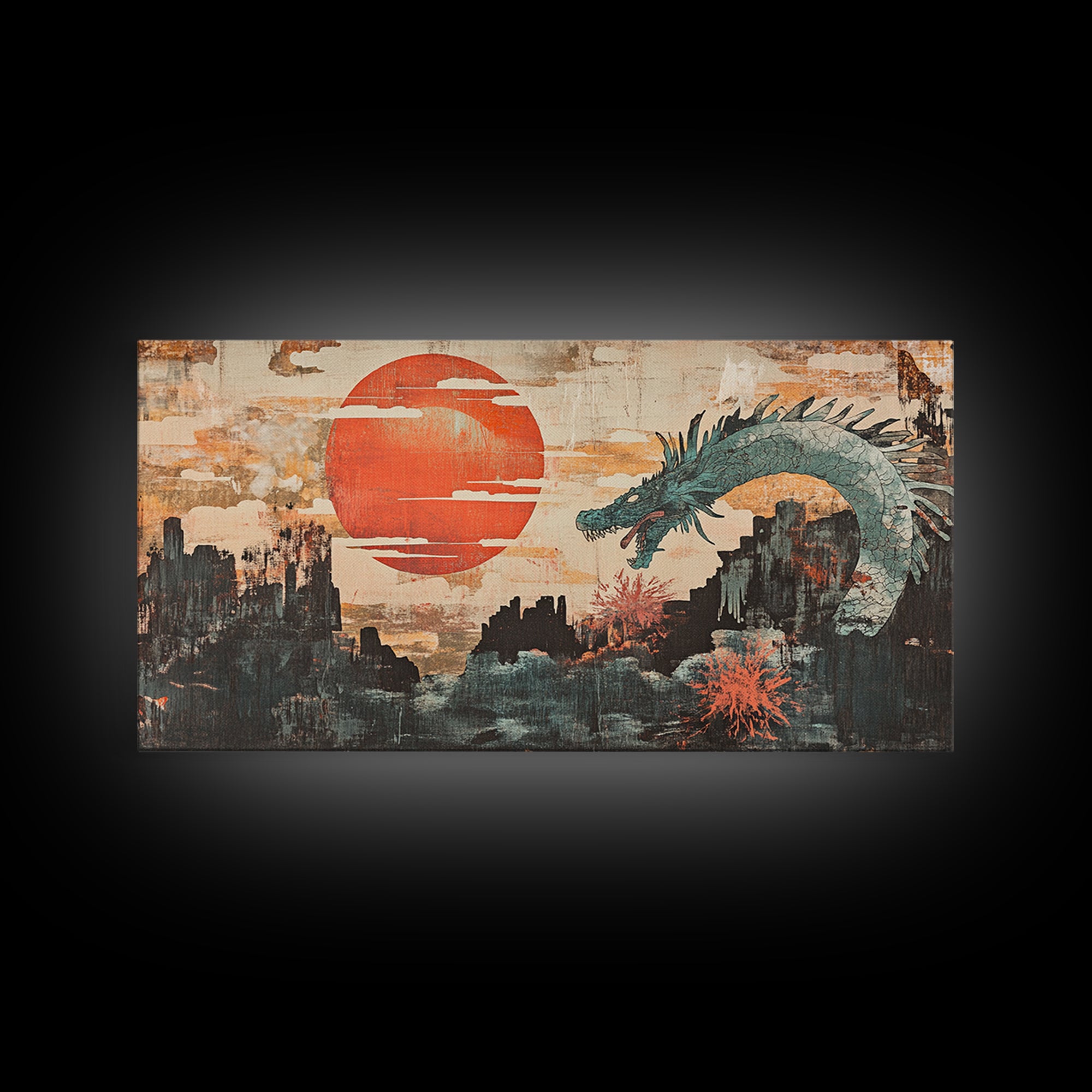 Teal Dragon Over Red Sun Mountains Framed Canvas Print, Asian Fantasy Wall Art, Japanese Decor, Dramatic Living Room Art