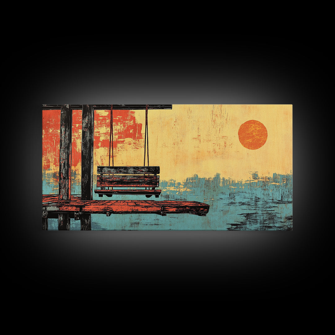 Japanese Dock Swing At Sunset Framed Canvas Print, Serene Ocean Wall Art, Coastal Home Decor, Zen Living Room Print, Bedroom Decor