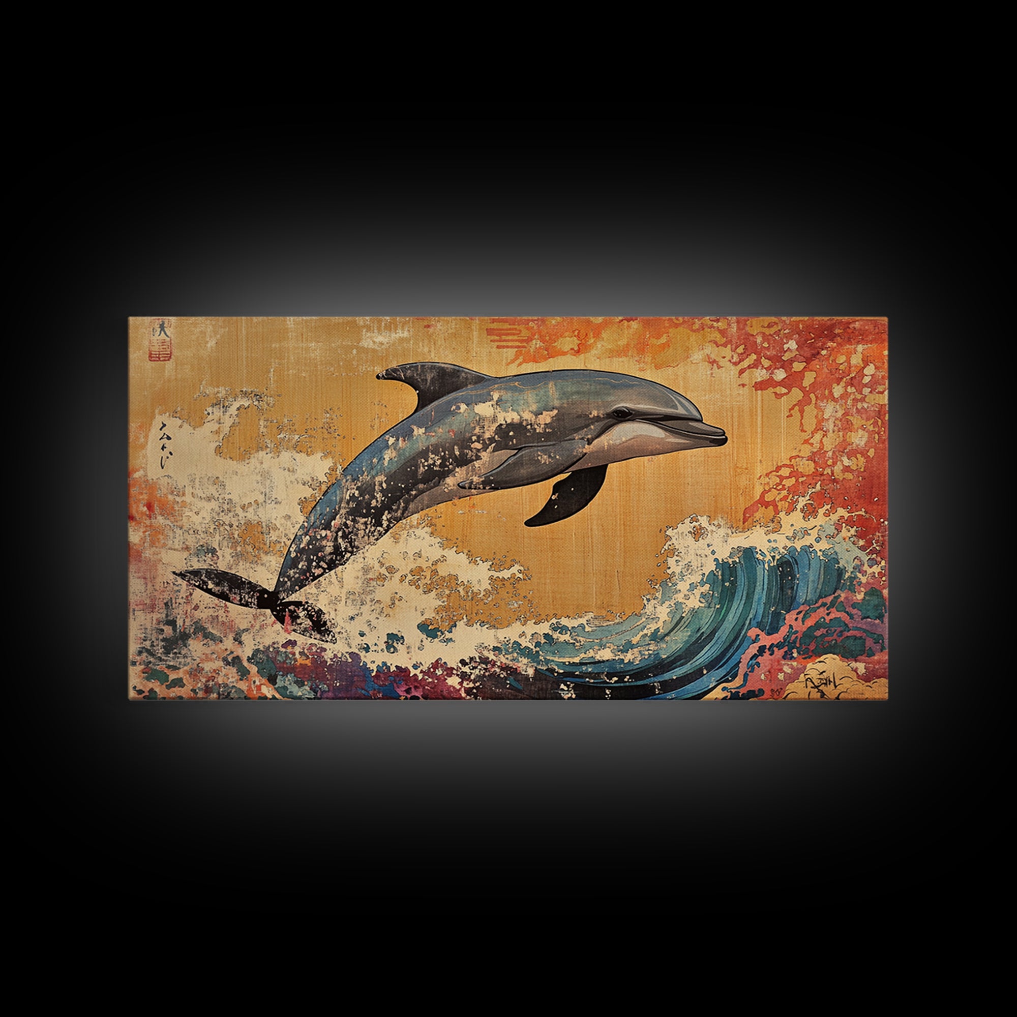Dolphin Leaping Over Ukiyo E Wave Canvas Print, Japanese Ocean Wall Art, Coastal Nursery Decor, Sea Life Home Decor, Gift For Her