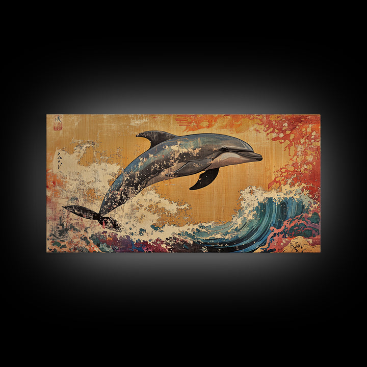 Dolphin Leaping Over Ukiyo E Wave Canvas Print, Japanese Ocean Wall Art, Coastal Nursery Decor, Sea Life Home Decor, Gift For Her