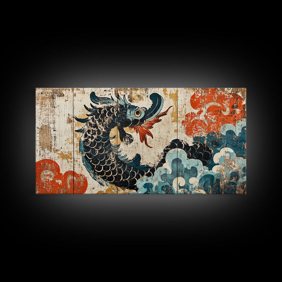 Ukiyo E Sea Dragon With Clouds Framed Canvas Print, Japanese Wall Art, Fantasy Decor, Asian Inspired Living Room Art, Statement Artwork