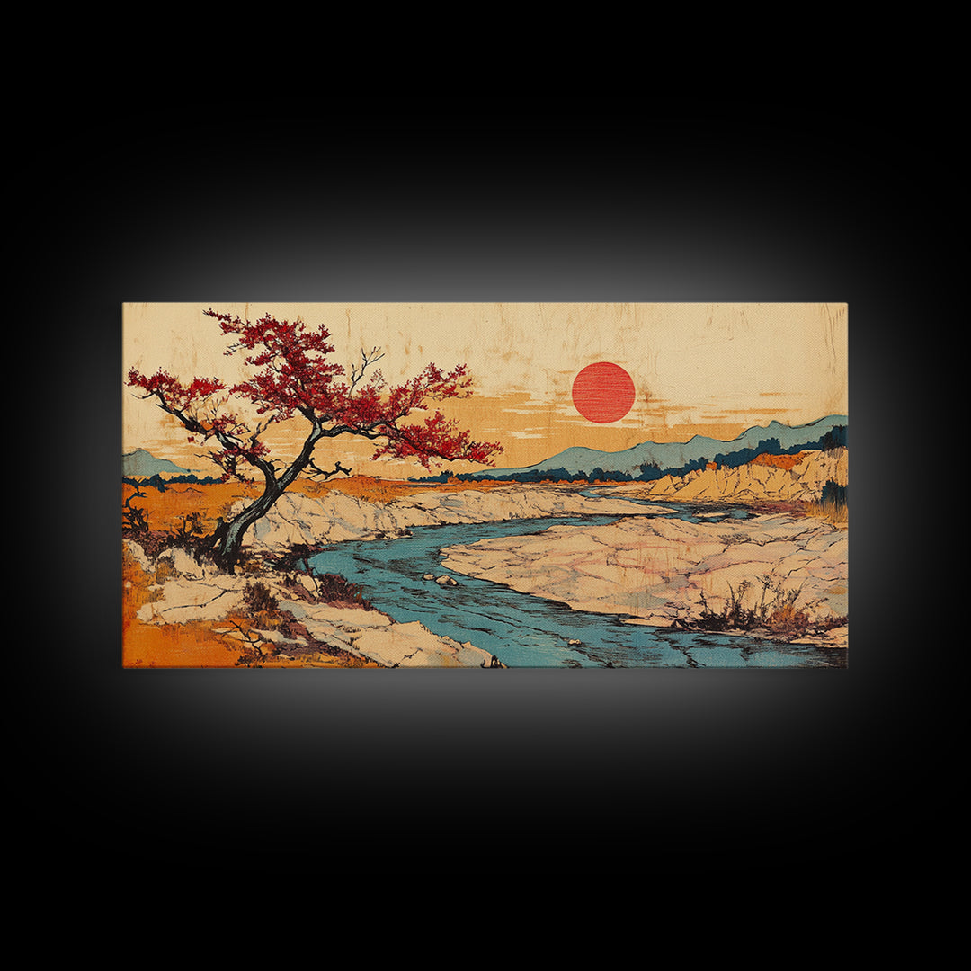 Cherry Tree Desert River Sunset Framed Canvas Print, Japanese Landscape Wall Art, Mountain Wall Decor, Rustic Home Decor