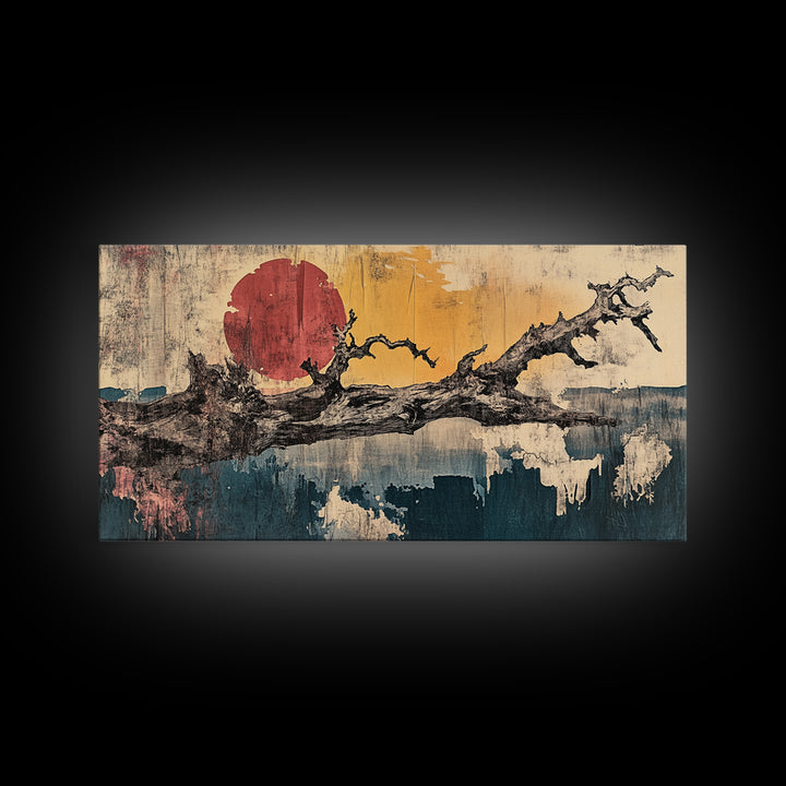 Bare Branch Red Sun Abstract Canvas Print, Japanese Landscape Wall Art, Wabi Sabi Decor, Minimalist Living Room Art, Zen Home Decor