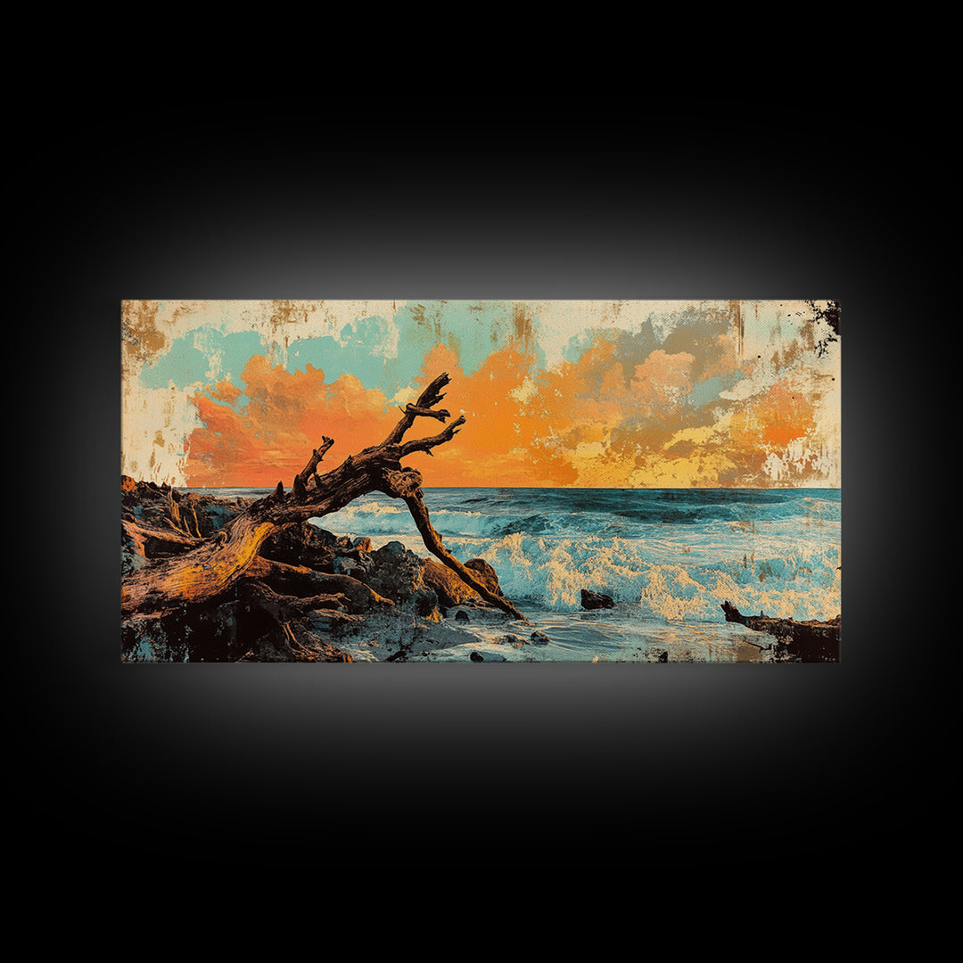 Driftwood Ocean Sunset Seascape Framed Canvas Print, Coastal Wall Art, Beach House Decor, Nautical Living Room Decor, Gift For Her