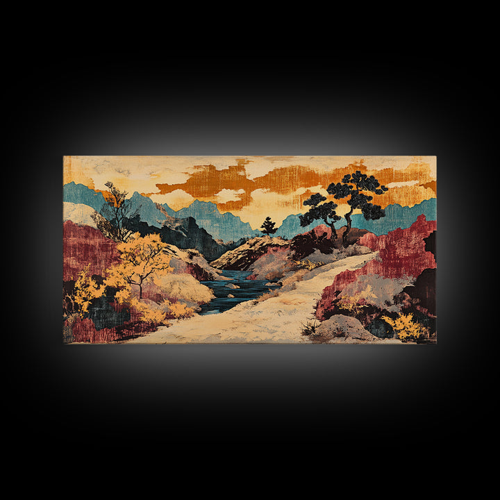 Colorful Canyon River Mountains Framed Canvas Print, Southwest Landscape Wall Art, Rustic Desert Decor, Large Wall Art Print