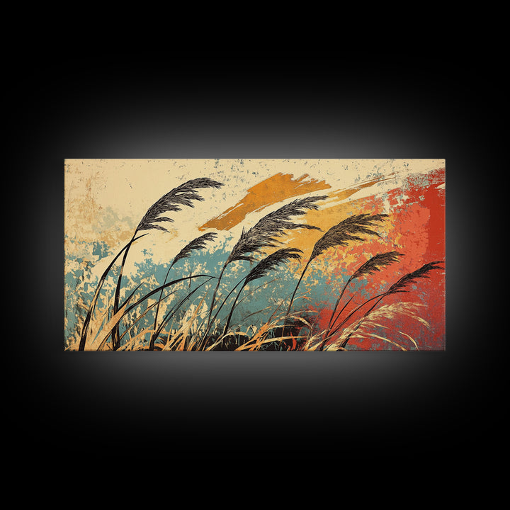 Windblown Reeds In Teal And Rust Wall Art, Japanese Inspired Abstract Landscape, Boho Living Room Decor, Large Canvas Print