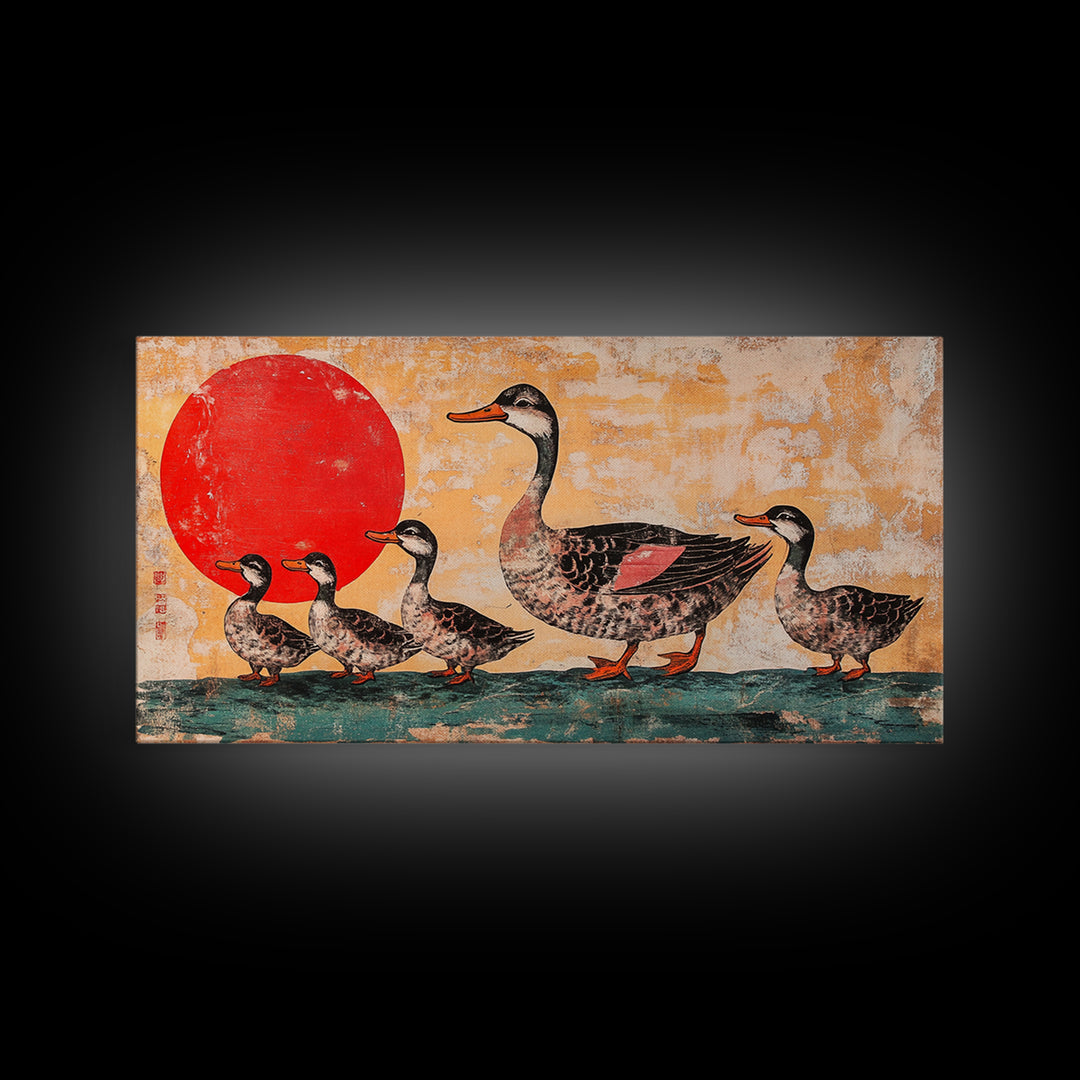 Mallard Duck Family With Red Sun Wall Art, Japanese Bird Art Print, Whimsical Animal Decor, Nursery Or Kitchen Canvas Print