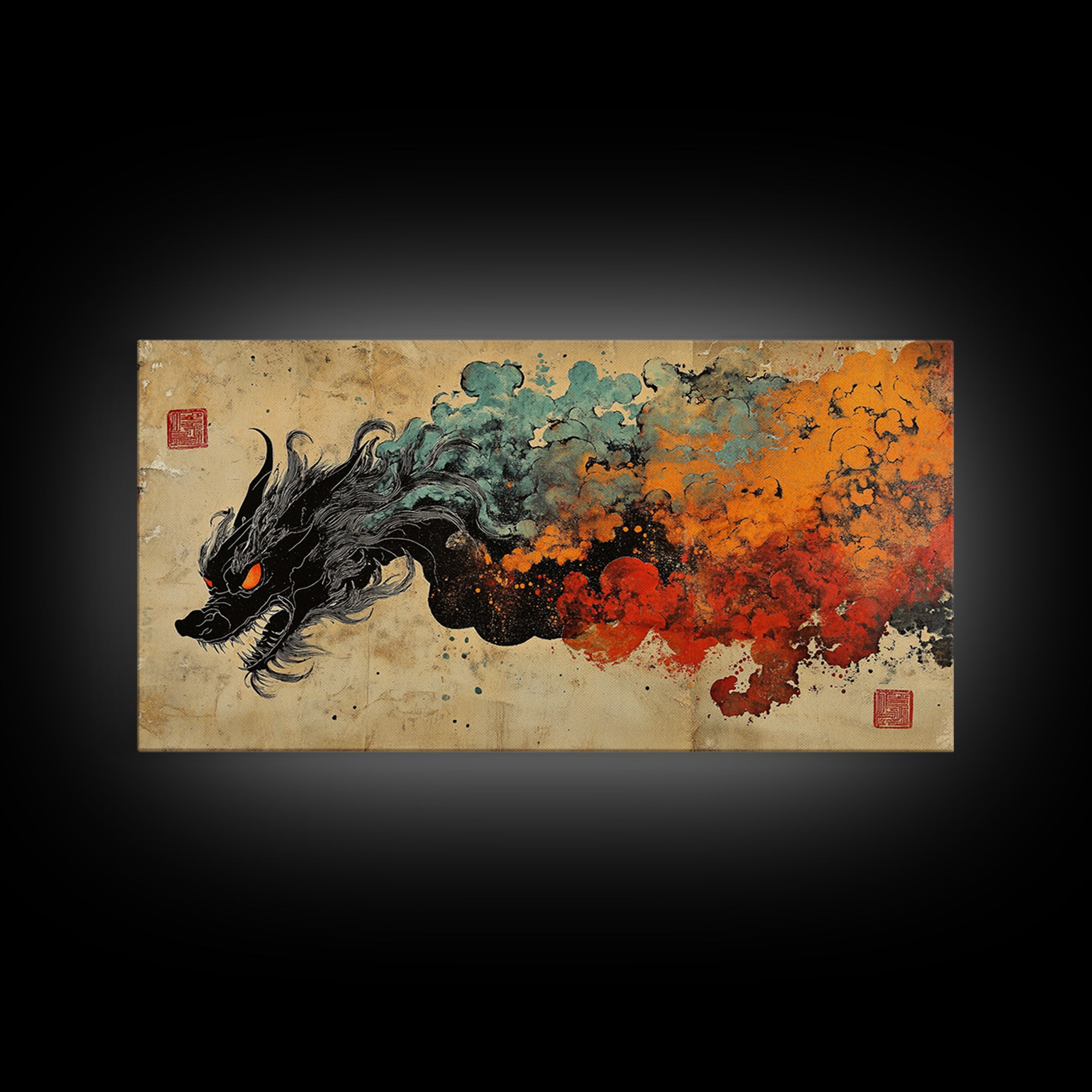 Black Dragon With Fiery Smoke Wall Art, Japanese Fantasy Art Print, Dark Mythical Decor, Dramatic Gaming Room Canvas Print