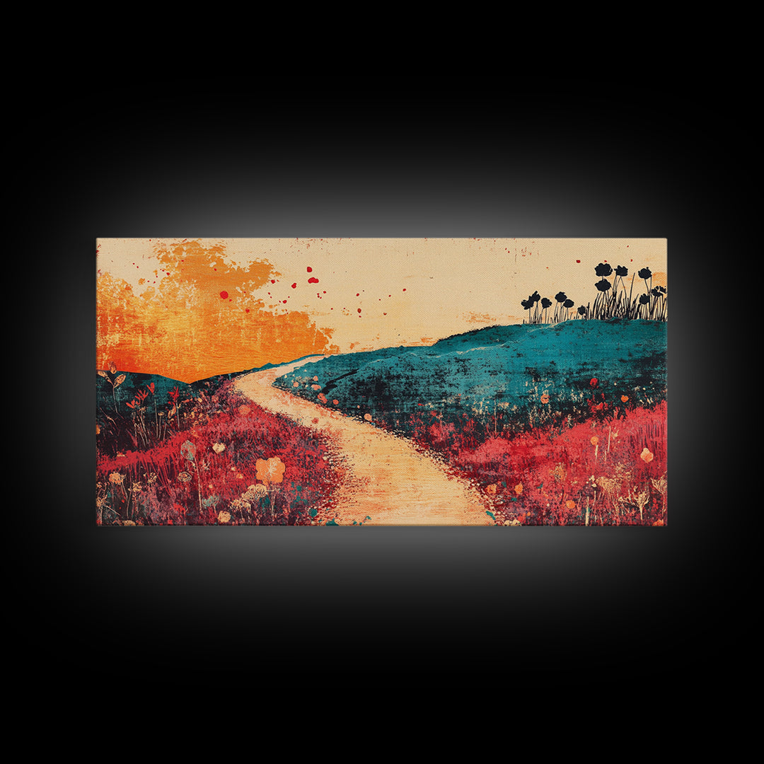Sunlit Path Through Teal Hills Wall Art, Abstract Landscape Print, Colorful Wildflower Decor, Boho Living Room Canvas Print