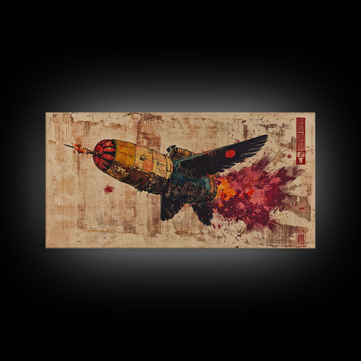 Retro Rocket Bird In Flight Wall Art, Japanese Sci Fi Art Print, Cyberpunk Bird Poster Decor, Futuristic Canvas Print