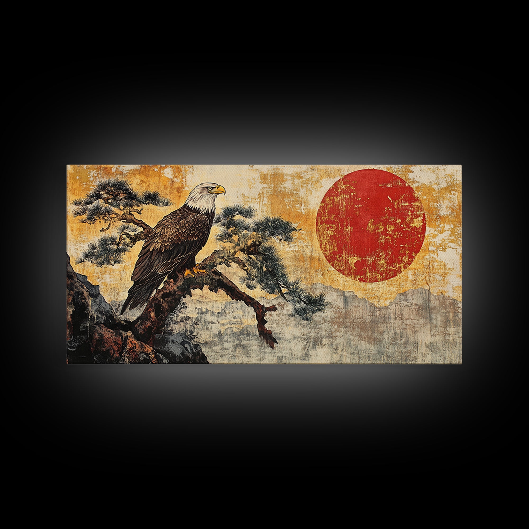 Bald Eagle On Pine Branch Wall Art, Japanese Wildlife Art Print, Rustic Nature Decor, Patriotic Living Room Canvas Print