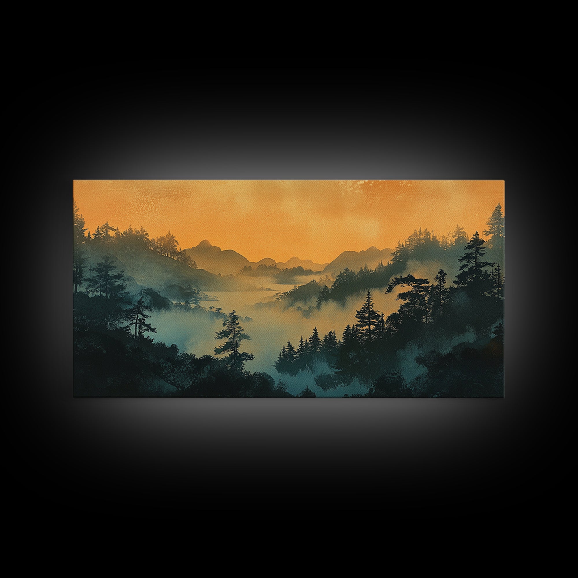 Misty Mountain Forest At Sunrise Wall Art, Japanese Landscape Print, Moody Nature Decor, Serene Bedroom Framed Canvas Print