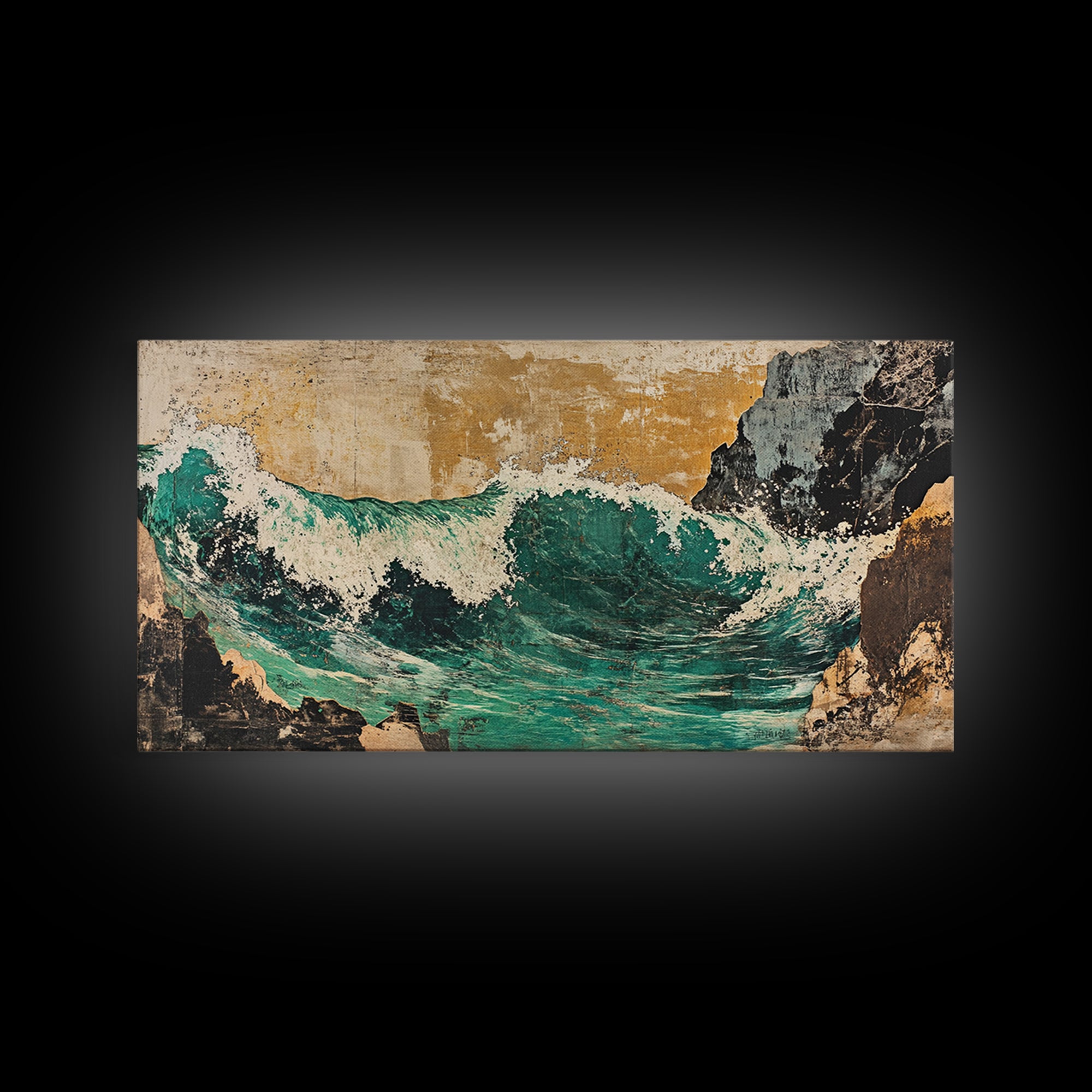 Turquoise Ocean Wave Between Cliffs Wall Art, Japanese Seascape Print, Coastal Beach House Decor, Large Framed Canvas Print