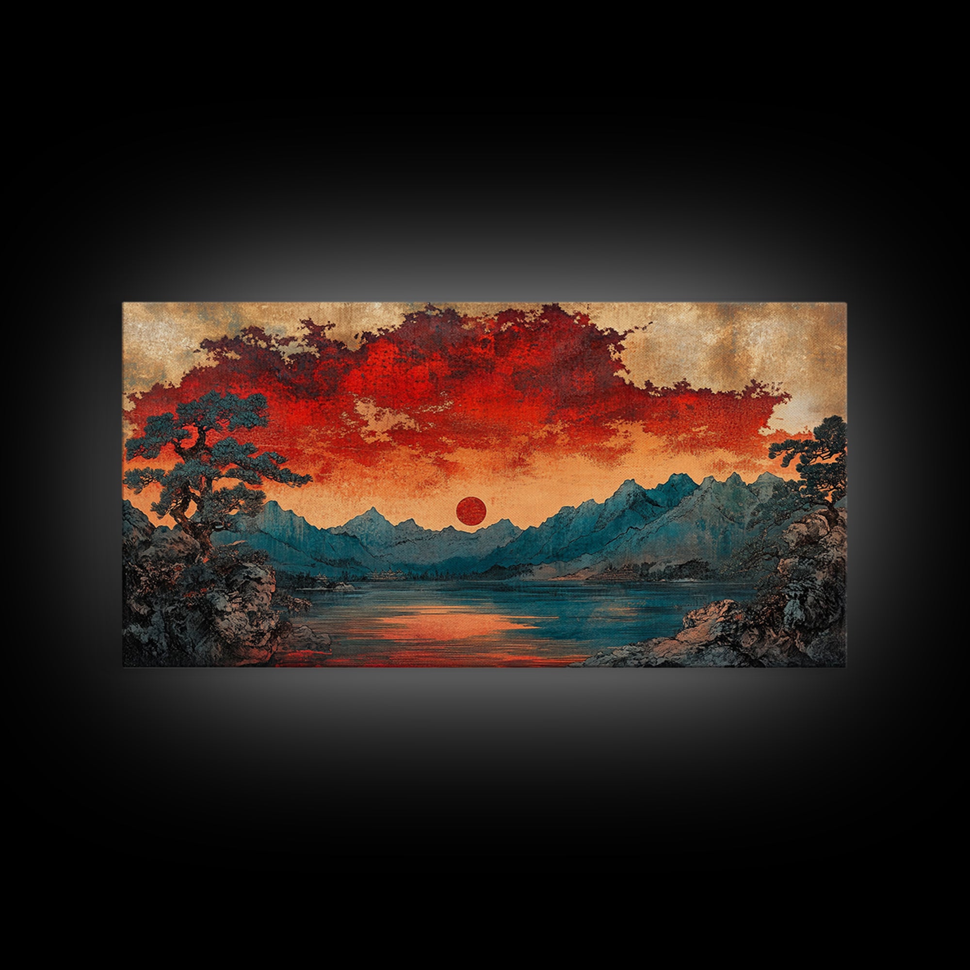 Red Sun Mountain Lake Wall Art, Japanese Landscape Print, Moody Sunset Canvas, Asian Inspired Living Room Home Decor
