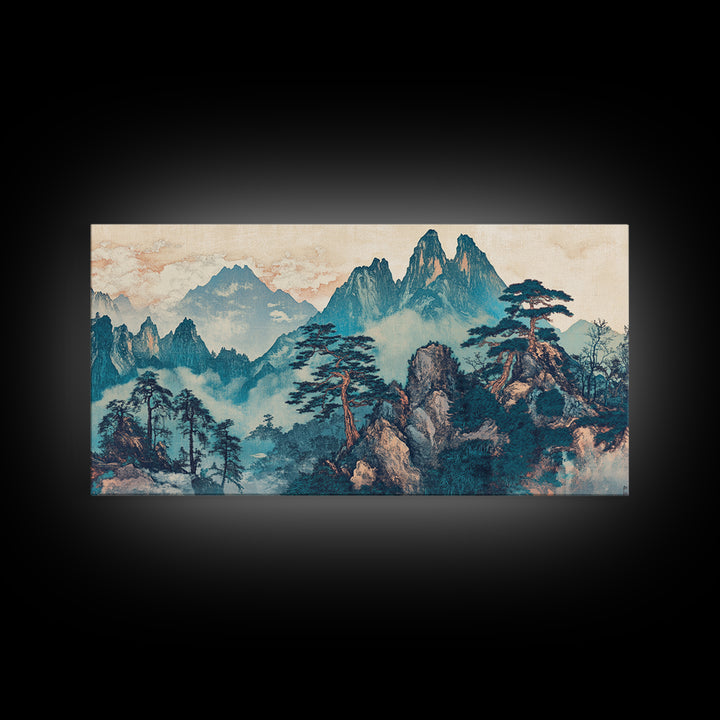 Misty Mountain Pine Wall Art, Japanese Landscape Print, Blue Green Nature Canvas, Zen Living Room Decor Home Decor Office Decor