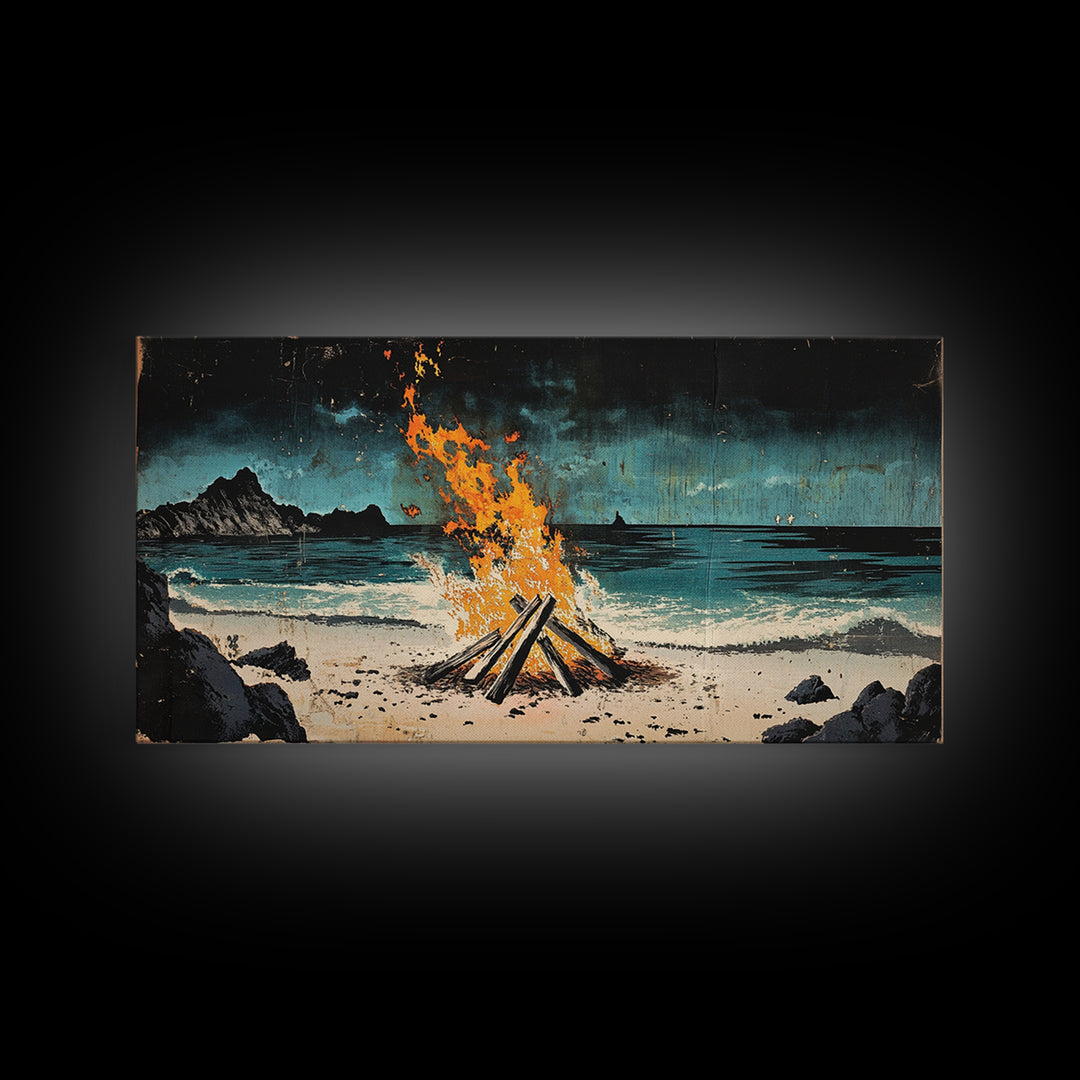 Beach Bonfire Wall Art, Coastal Campfire Canvas Print, Ocean Night Seascape, Rustic Cabin Decor, Man Cave Decor Home Decor Gift