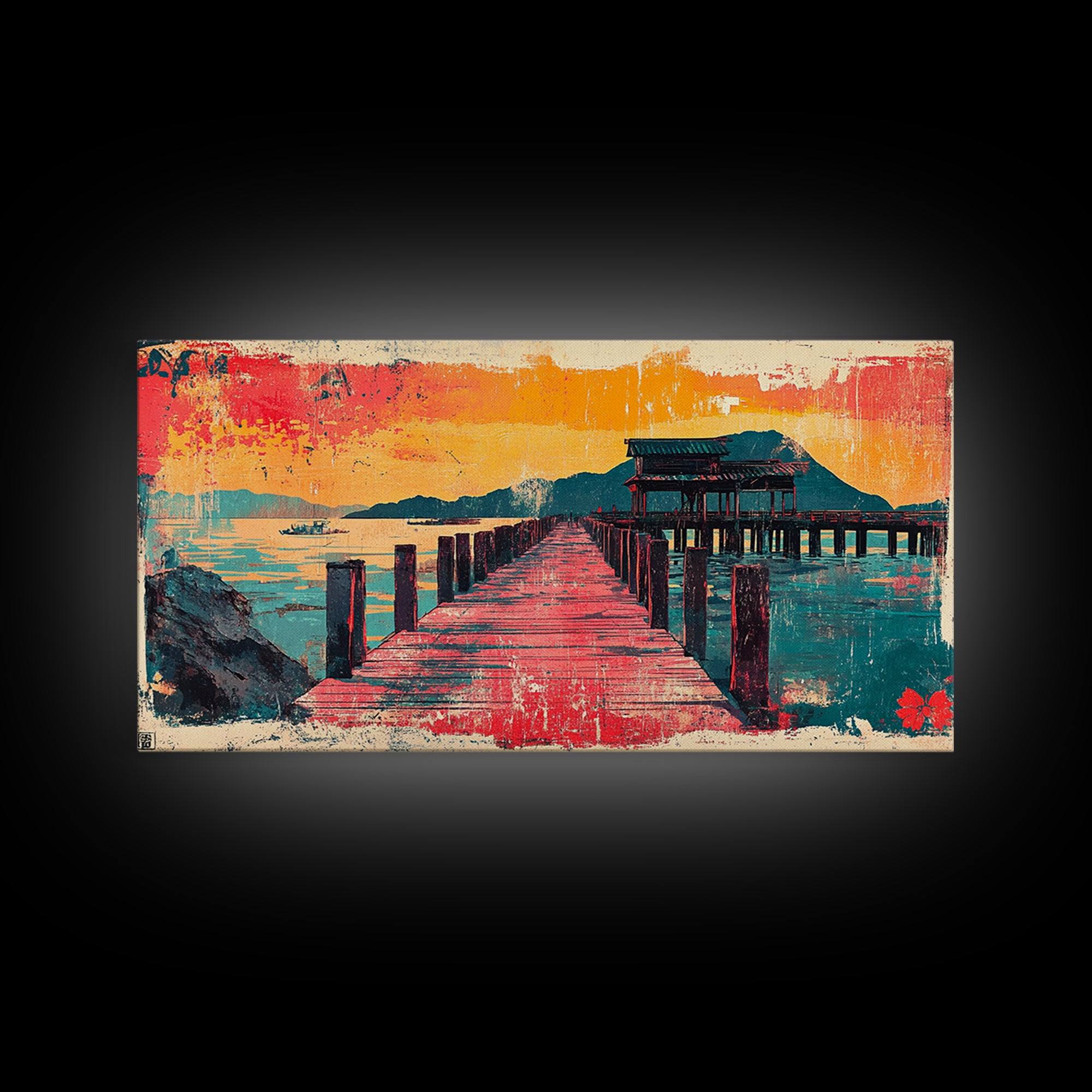 Red Pier Sunset Wall Art, Japanese Coastal Landscape Print, Teal Ocean Canvas, Asian Inspired Home Decor For Living Room