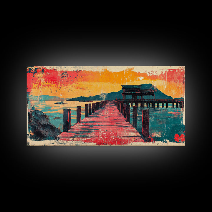 Red Pier Sunset Wall Art, Japanese Coastal Landscape Print, Teal Ocean Canvas, Asian Inspired Home Decor For Living Room