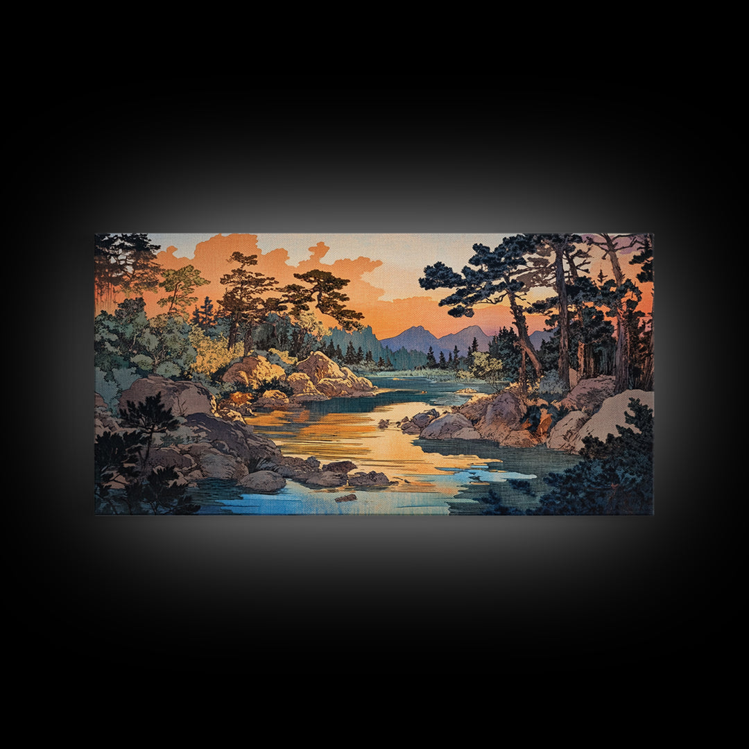 Golden River Forest Wall Art, Japanese Landscape Print, Pine Woodland Canvas, Nature Inspired Living Room Home Decor Gift