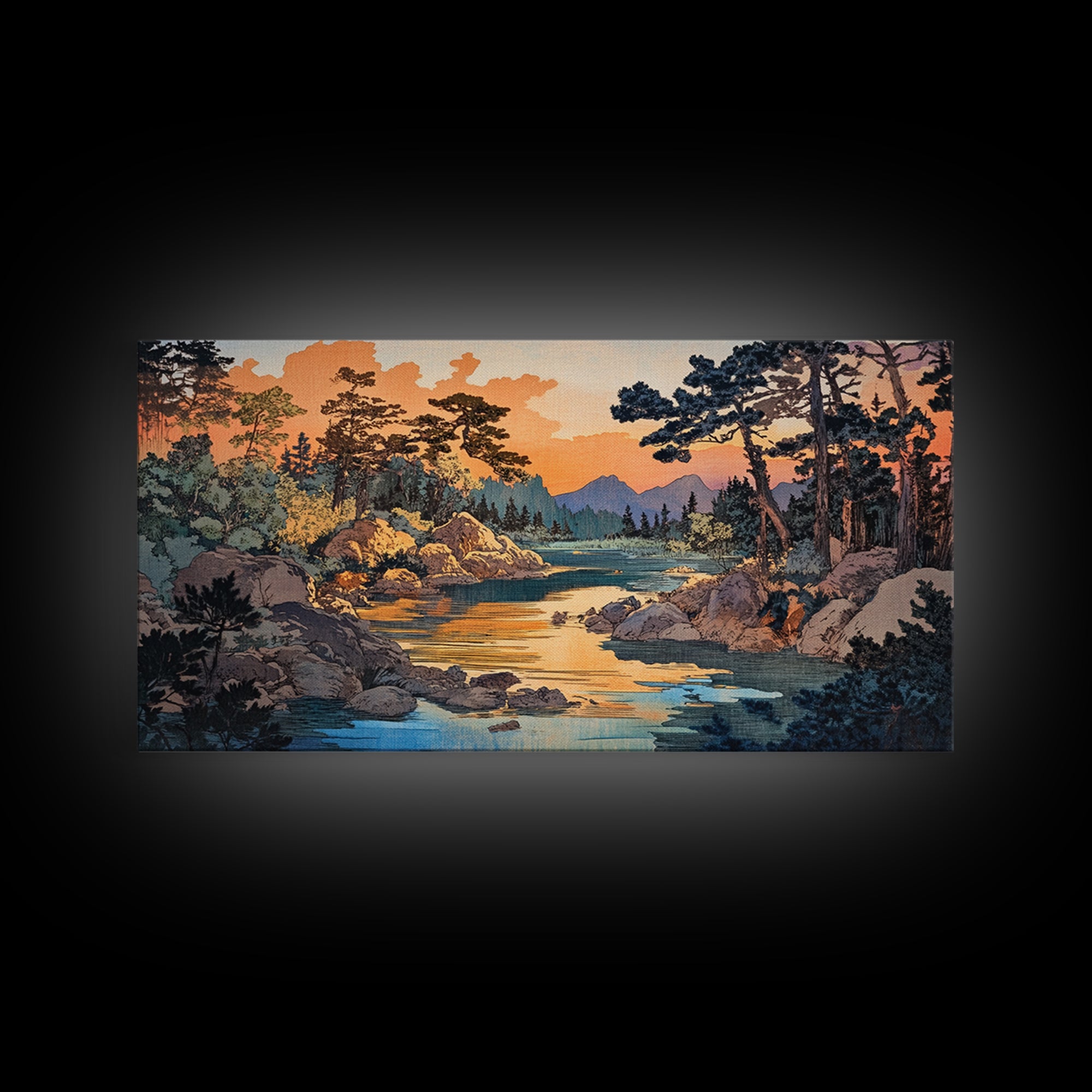 Golden River Forest Wall Art, Japanese Landscape Print, Pine Woodland Canvas, Nature Inspired Living Room Home Decor Gift